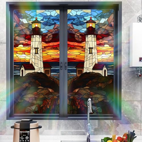 Image of Lighthouse Coastal Sunset Stained Glass Window Film 17.32x39.37in