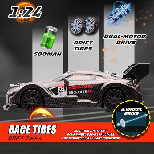 Image of 1:24 Scale RC Drift Car,4WD 2.4GHz High Speed Racing Hobby Sport Toy Car Vehicle with LED Lights,Racing and Drift Wheels for Adult Boys Girls Kids Gift (8601-Black)