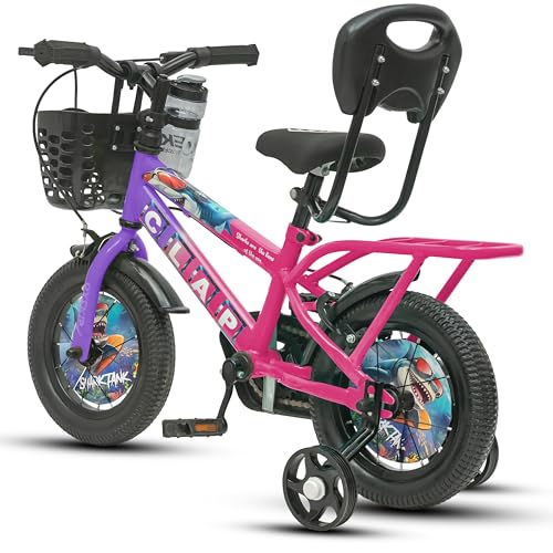 Image of Shark Tank 12T Kids Bicycle for Boys & Girls with Training Wheel, Front Basket, PU Soft Seat with Backrest, Full Chain Cover & Stylish Wheelcards (Purple /Pink, 12T)