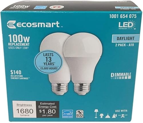 EcoSmart 100-Watt Equivalent A19 Dimmable Energy Star LED Light Bulb Daylight (2-Pack)