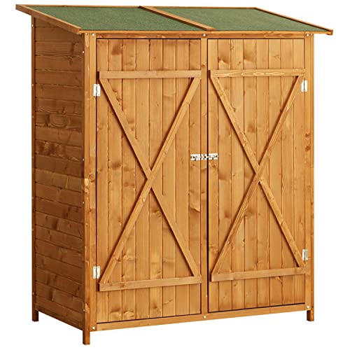 Outsunny Garden Wood Storage Shed w/ Flexible Table, Hooks and Ground