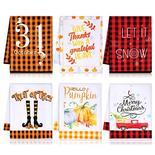 6 Pcs Halloween Trick or Treat Hand Towels 23.6 x 15.7 Inch Pumpkin Kitchen Towels Decorative Set Fall Hand Towels Bathroom Thanksgiving Christmas Tea Dishcloths(Joy Style)