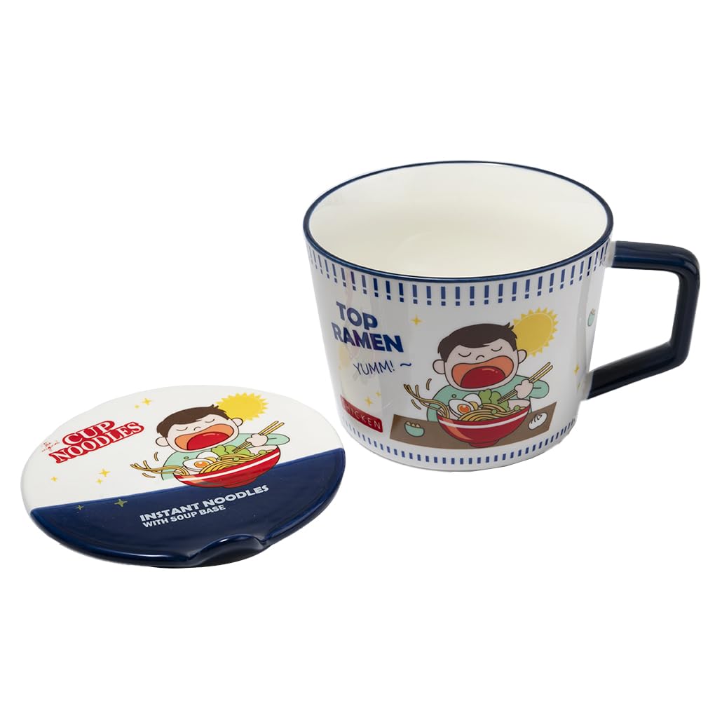 lachineuse - Instant-Nudelschüssel - Japanische Ramen- und chinesische Nudelschüssel - Mit Besteck und Deckel - Frühstücksschüssel, Suppe, Reis - Japan-China-Geschenkidee - Cup-Nudeln - Blau