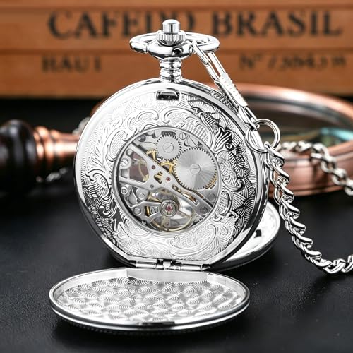 Image of Vintage Gold Double Sides Open Case Mechanical Men's Pocket Watch,Double Face Roman Dial Clock Hand Wind Pocket Watch for Men with FOB Chain