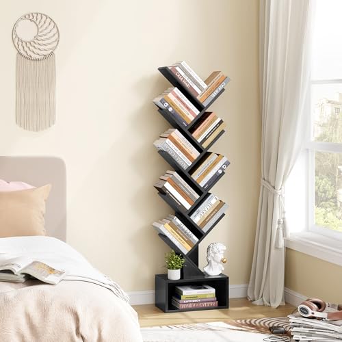 Hoctieon 9 Tier Tree Bookshelf, Tall Bookcase with Drawer, Wood Book Shelf, Modern Floor Standing Bookshelves, Book Organizer Shelves for Bedroom, Living Room, Home Office, Black - Thumbnail 5