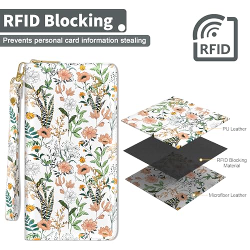 Nipichsha Womens Wallet, RFID Wristlet Wallet for Women, Cute Ladies Purse, Large Credit Card Clutch Purse, Leather Card Holder Wallets with Zipper & Phone Holder, Village Road Flowers4