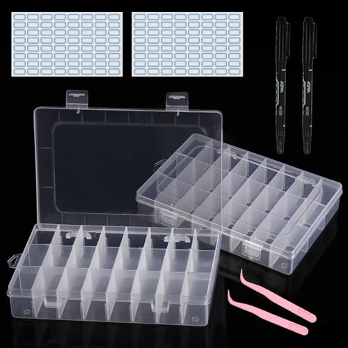 ZOCONE 2 Stück 24 Gitter Sortierboxen für Kleinteile Transparente Sortierbox Kleine Fächer Plastik Aufbewahrungsbox mit Verstellbaren Einsatz Sortierkasten für Lego Schrauben Perlen Bügelperlen