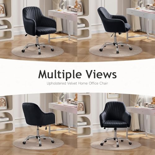 Image of AZAKEE Velvet Office Chair with Wheels & Armrests - Mid-Back Swivel Desk Chair for Home Office, Study, Bedroom & Vanity - Adjustable Height, Comfortable & Stylish (Black)