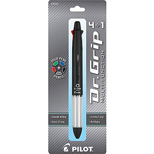 Pilot Dr. Grip 4+1 Multi-Function Refillable & Retractable Ballpoint Pen + Pencil, Fine Point, Black Barrel, Black/Red/Blue/Green Inks, Single Pen (36220) #TOP2