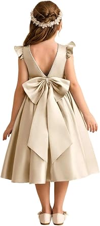 Bow Beaded Flower Girl Dresses Wedding Satin Junior Bridesmaid Dress Short Princess Pageant Gown Kids