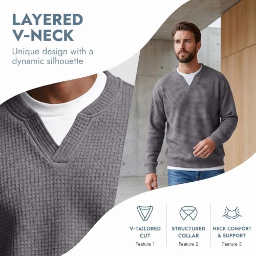 Mens Waffle Shirt Long Sleeve V Neck Fake 2 Piece Casual Layered Shirt - image 4