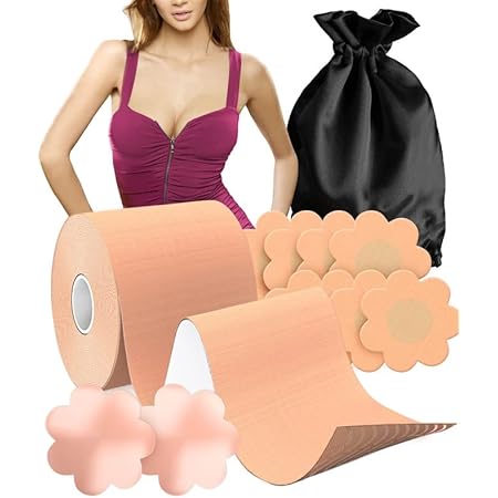 BUSTIES Boob Tape Kit (12pcs), Easy to Use (Universal Fit), Boobytape for Breast Lift, Bob Tape for Large Breasts, Bra Nipple Tape with Petals and Covers, Breast Tape for Women, Boobs Lifting Tape…