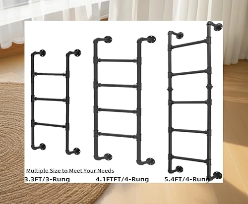 Etagenbettleiter, Wandmontage, Kellerfenster, Brunnenleiter, schwarzes Schmiedeeisen, industrielles Rohr, Trittleiter, belastbar 150 kg, Metall-Trittleiter für Dachboden, Dachboden, Wohnheim,