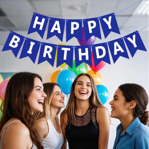 Image of Happy Birthday Banner Sign, Birthday Garland Wall Door Hanging Banners Flag for Women Men Boys Girls Party Backdrop Decorations, Personalized Name Banner White Letters Blue