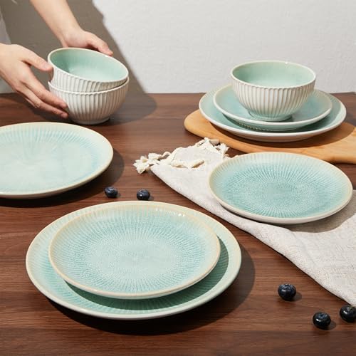 Image of Pokini Ceramic Dinnerware Sets for 4, 12pcs Plates and Bowls Sets Dish Set