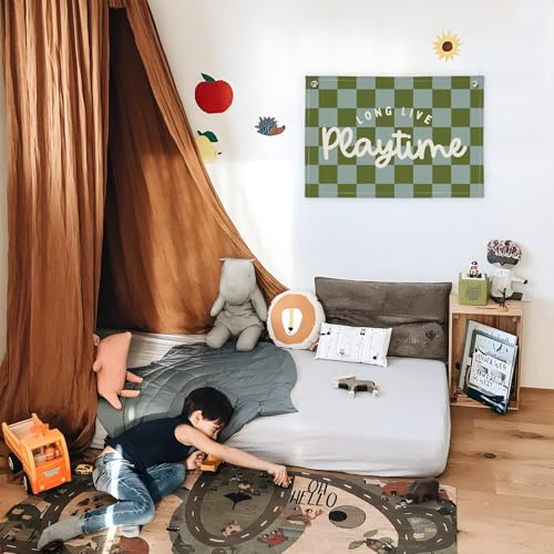 Image of Playroom Decor Long Live Playtime Banner, Green And Blue Checkered Pattern Banner Linen Hanging Banner Flag for Nursery Toddler Room, Boys Girls Kids Room Decor,Classroom Decorations 30x20