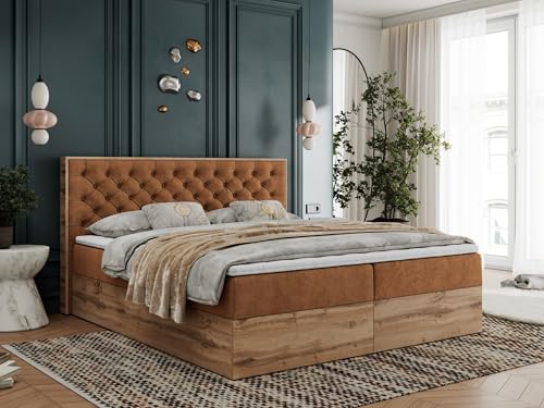 MKS MEBLE Boxspringbett 180x200 mit Bettkasten Holz Holzrahmen, Boxbett 180x200 mit Matratze H4 und Kopfteil - Orange Struktur - Albero-3 MKS MEBLE Boxspringbett 180x200 mit Bettkasten Holz Holzrahmen, Boxbett 180x200 mit Matratze H4 und Kopfteil - Orange Struktur - Albero-3