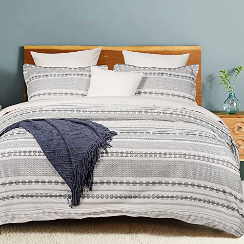 PHF 100% Organic Cotton Jacquard Duvet Cover Set King Size, 3pcs Boho Textured Comforter Cover Set, Yarn-Dyed Farmhouse Duvet Cover with Pillow Shams Bedding Collection, 106"x 92", Grey and Cream