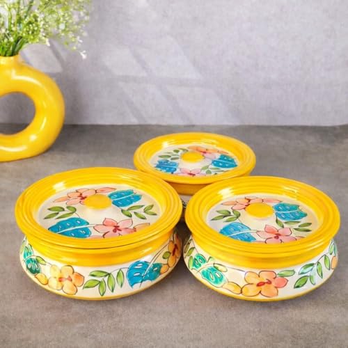 Image of Niyara Handcrafted Ceramic Casserole Set of 3 with Lids | Yellow Floral Printed Multipurpose Serving Bowls | Ideal for Curry, Rice, Dal, Snacks & Dinner Table | Microwave & Dishwasher Safe