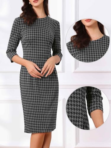 Allegra K Vintage Houndstooth Dress for Women's Elegant 3/4 Sleeve Bodycon Work Dresses2