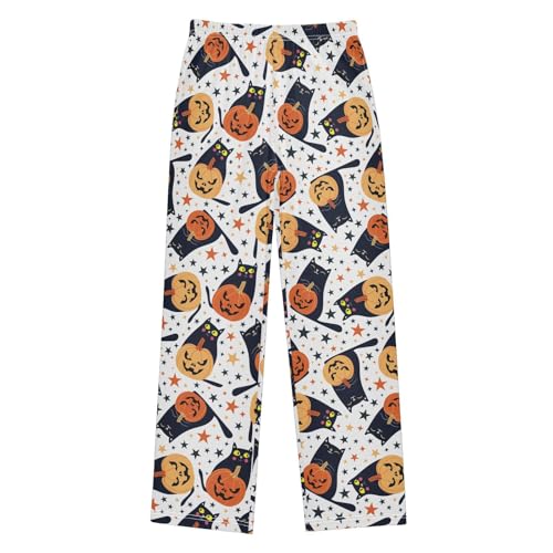 Black Cat with Pumpkin Boys Long Pants Soft Trousers Elastic Waist Kids Lounge Bottoms with Pockets S-XL