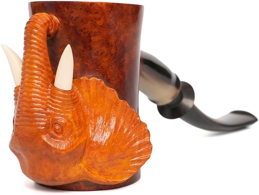 Heysong Handmade H70230 Series Polished with Horn Ring Cumberland Stem Elephant Carved Pipe (Light Color)