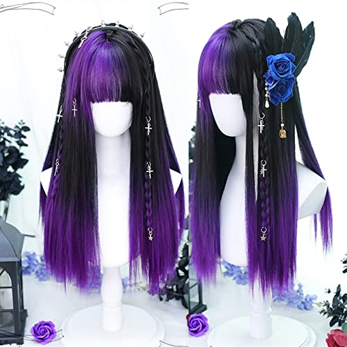 Perruque violette noire droite longue synthétique avec frange au style impeccable pour femmes - 2
