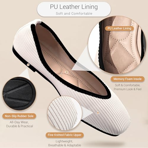 REFRASE LIFE Women's Flats Shoes Square Toe, Comfortable Ribbed Ballet Flats with Black Trim, Dressy Slip-On Casual Flats for Everyday Wear, Lightweight and Breathable2