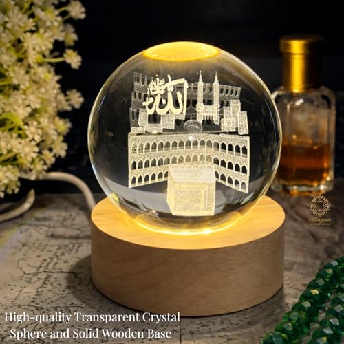 Image of Allah Night Lamp, 3D Crystal Ball with Wooden Base, Illuminate Your Faith with Timeless Elegance Glowing 3D Engraved Crystal Ball Night Lamp