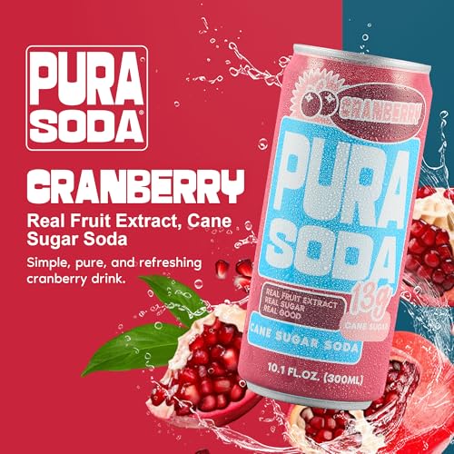 Image of PuraSoda Cranberry - 12g Pure Cane Sugar Soda, 10 Fl Oz, Pack of 24 | Real Fruit Extract, Non-Gmo Vegan, No Stevia Or Artificial Sweeteners, 13g Cane Sugar, 10 Fl Oz Cans