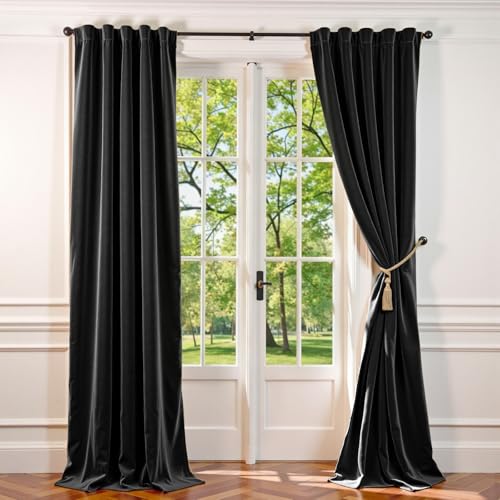 Lazzzy Velvet Blackout Extra Long Curtains Thermal Insulated Room Window Drapes Super Soft Luxury Curtains for Living Room Bedroom Rod Pocket 2 Panels, Black, 42" W x 120" L