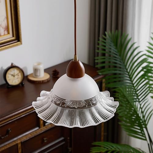 Suspension en verre vintage dépoli cannelé avec accents bois - 2