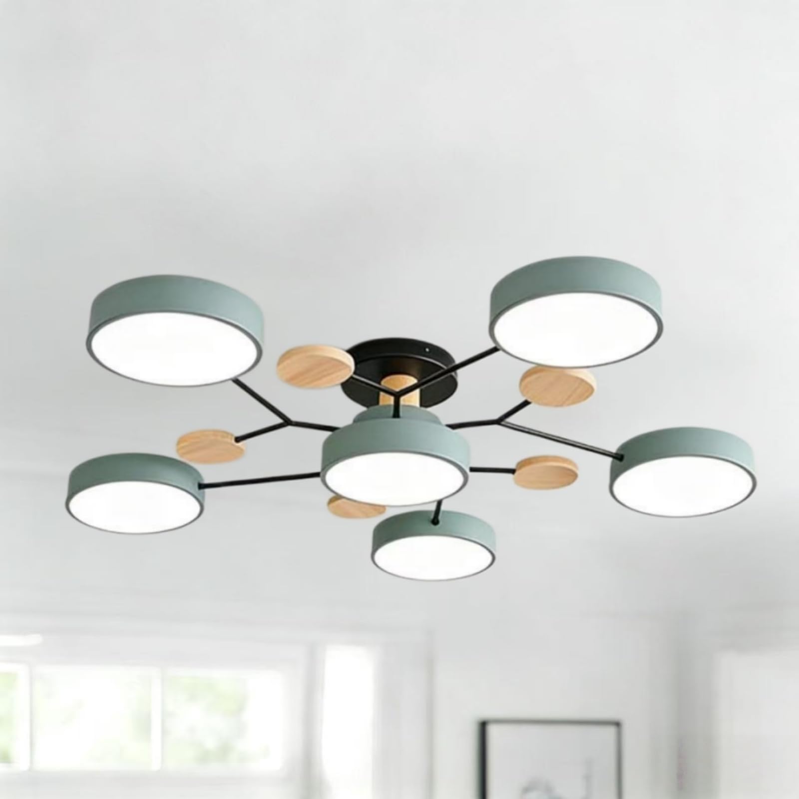 Ceiling Light, Modern Semi Flush Mount Ceiling Light, Nordic Wood Chandelier with Circular Acrylic LED Shade for Living Room, Bedroom, Dining Room Requires Assembly (Green, 6 Heads, White Light)