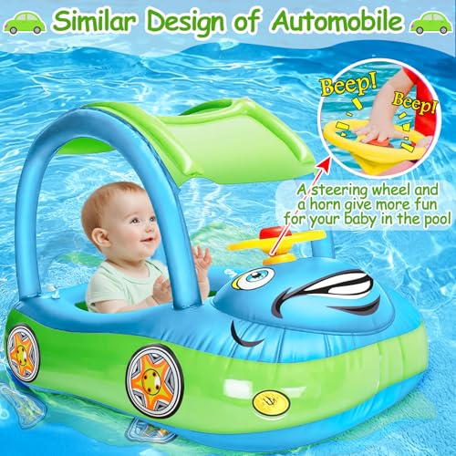 iGeeKid Inflatable Baby Pool Float with Canopy, Safty Seat for Infant Baby Swim Float Rings Car Shaped Swimming Pool Floaties for Babies Toddler Age of 6-36 Months (Light Blue)
