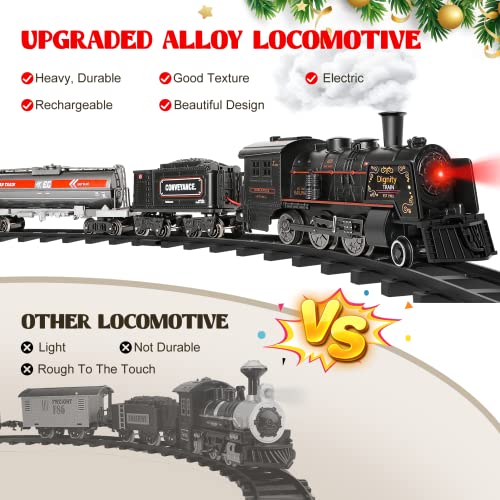 Hot Bee Model Train Set For Boys - Metal Alloy Electric Trains W/Steam Locomotive,Oil Tank Train,Cargo Cars & Tracks,Train Toys W/Smoke,Sounds & Lights,Christmas Toys For 3 4 5 6 7+ Years Old Kids #TOP2