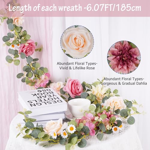 Artificial Pink Flower Garland Decor, 6.07Ft Dahlia Garland Eucalyptus Greenery Garland with Flowers Pink Flower Vines Rose Silk Floral for Wedding Table Centerpieces Garden Party Decor (1 Pack) - Image 3