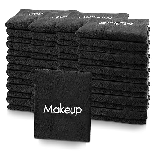 52 paños de maquillaje negros – 13 x 13 pulgadas toallas desmaquillantes de microfibra – Paño facial reutilizable suave absorbente – Paños de limpieza facial para mujeres