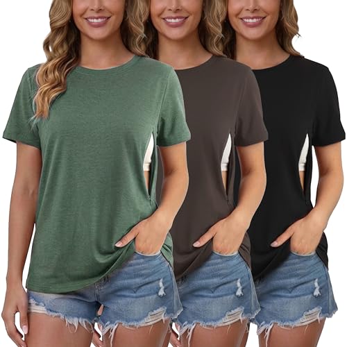 Love2Mi Lot de 3 T-shirts d'allaitement avec Fermeture Éclair Cachée, T-shirt Court pour Femmes Enceintes