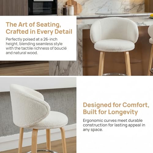 LukeAlon Butacos de Bar de 26 pulgadas, Set de 2 unidades, Color Blanco | Tapizados en Sherpa, Altura para Isla de Cocina, Soporte Lumbar y Patas de Madera, Estilo Mid-Century Moderno miniatura 6