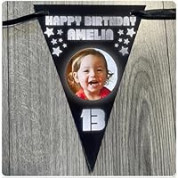 Personalised Birthday Bunting Banner Photo Any Name and Age 18th 21st 30th etc (A5, 1 Photo (Repeated on all Flags), Silver)