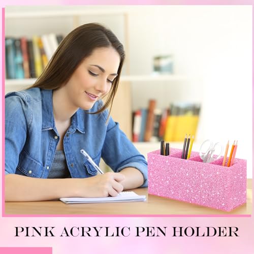 Image of Jetec Acrylic Glitter Pink Pen Holder 4 Compartments Bling Makeup Brush Stationery Organizer Pencil Holder for Desk Accessories Sparkly Gifts for Women Back to School Birthday Desktop Workplace Office