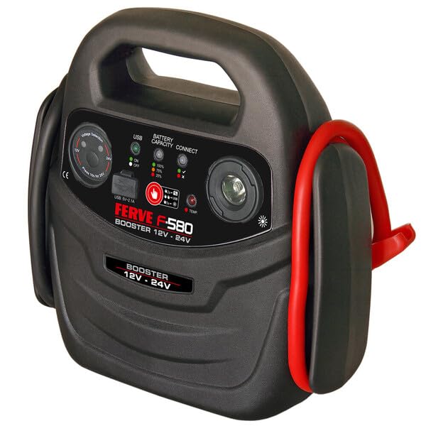 Arrancador FERVE F-580 - Booster 12 V - 24 V Potencia de Arranque: 12 V - 600 A (1200 A Pico) 24 V - 400 A (900 A Pico)