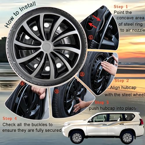 Image of Hubcap Wheel Cover Replacement R16 Hub Caps Universal-Fit Steel Wheel Rim Cover ABS Material Exterior Accessories for Car Truck SUV -Set of 4(16-inch,Silver-Black)