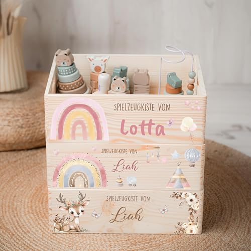 Kidsmood - Spielzeugkiste aus Holz mit Wunschnamen | Aufbewahrungsbox Kinder Spielzeug & Bücher | Praktische Holzkiste als Deko Kinderzimmer oder als Personalisierte Geschenke Baby zur Geburt & Taufe