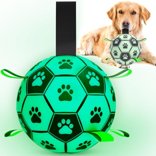 HETOO Hundespielzeug, Hundeball mit Nylon Seil, Premium Hundefußball Spielzeug für Mittlere Große Hunde Indoor & Outdoor Unterhaltung (8 Zoll Glow in Dark)