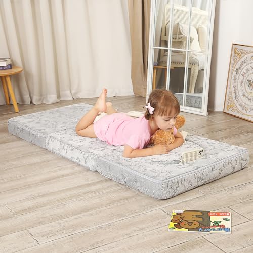 MOMCAYWEX Kids Floor Mattress, Glow in The Dark Toddler Nap Mat for Sleeping Daycare, Tri-Folding Futon Mattress, Grey - Thumbnail 7