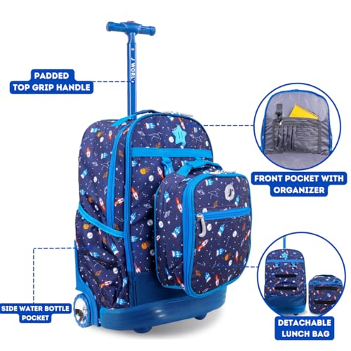 Image of J World Duo Kids Rolling Backpack With Lunch Box Set. School Bookbag on Wheels, Spaceship