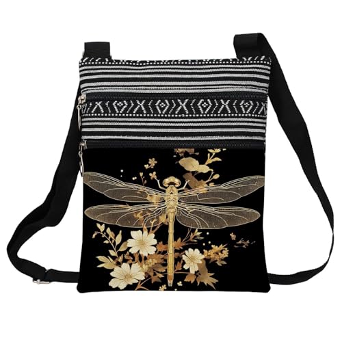 LiuenMgg Golden Dragonfly Messenger Bag Small Ethnic Pattern Printed Adjustable Strap Crossbody Zipper Pouch Golden Dragonfly Phone Organizer Wallet Cute Shoulder Handbag for Women Friends