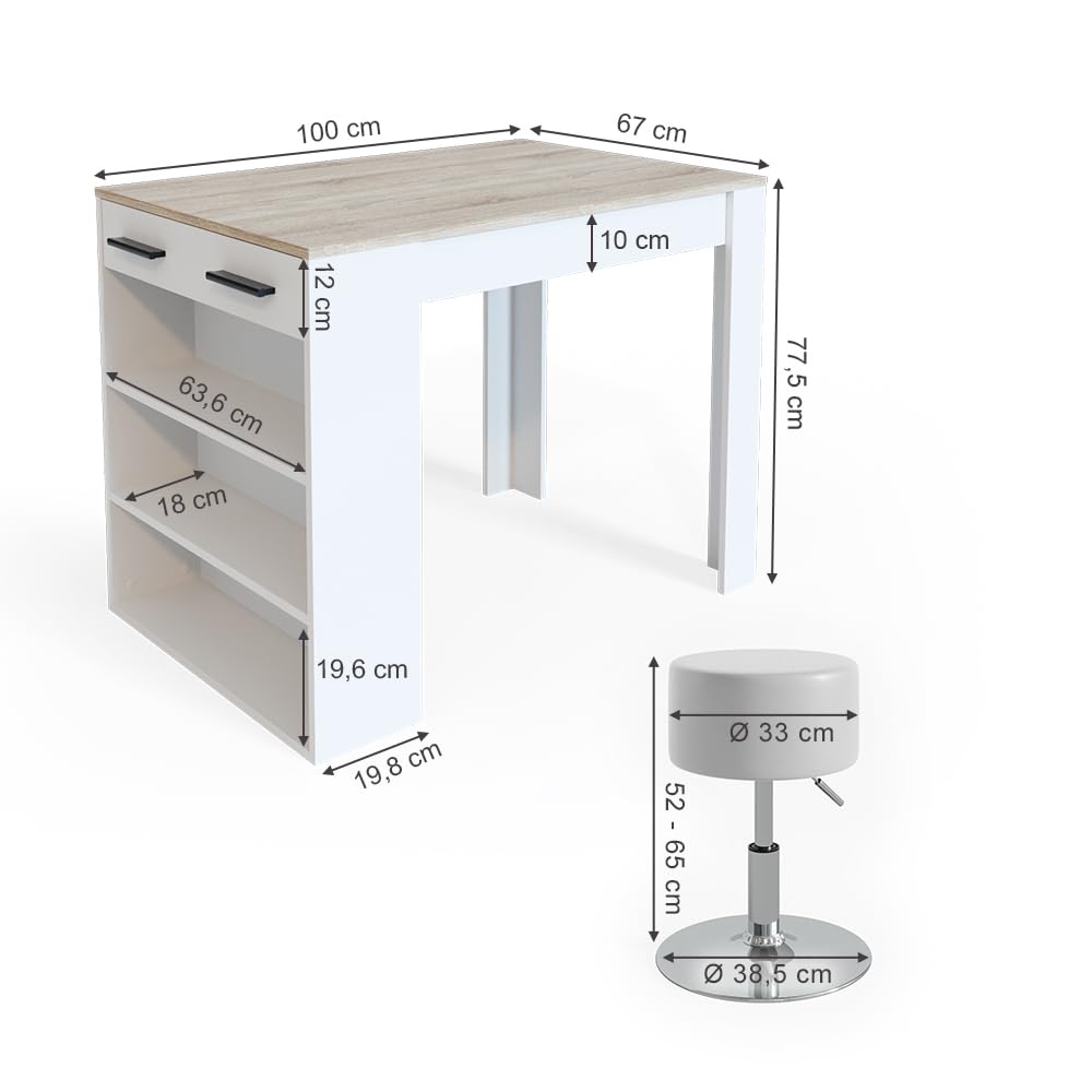 Vicco Juego de Mesa de Comedor Repose, Sonoma/Blanco, 67 x 100 cm | con 2 taburetes, apto como superficie de trabajo o área adicional de almacenamiento