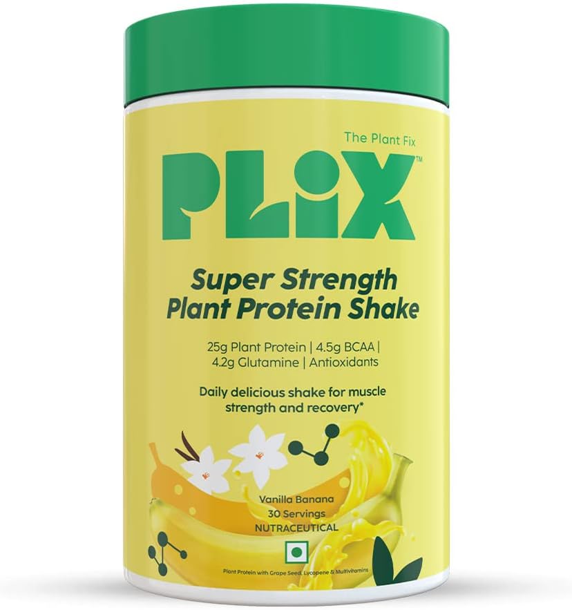 Plix - The Plant Fix Strength Vegan Post Workout Plant Protein Powder- 1Kg (Vanilla), Antioxidants, Digestive Enzymes, 25 G Plant Protein | No Added Sugar | Gluten Free | No Added Preservatives.